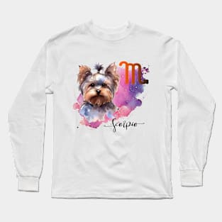 Scorpio Zodiac Sign Cute Yorkie Yorkshire Terrier Watercolor Art Long Sleeve T-Shirt